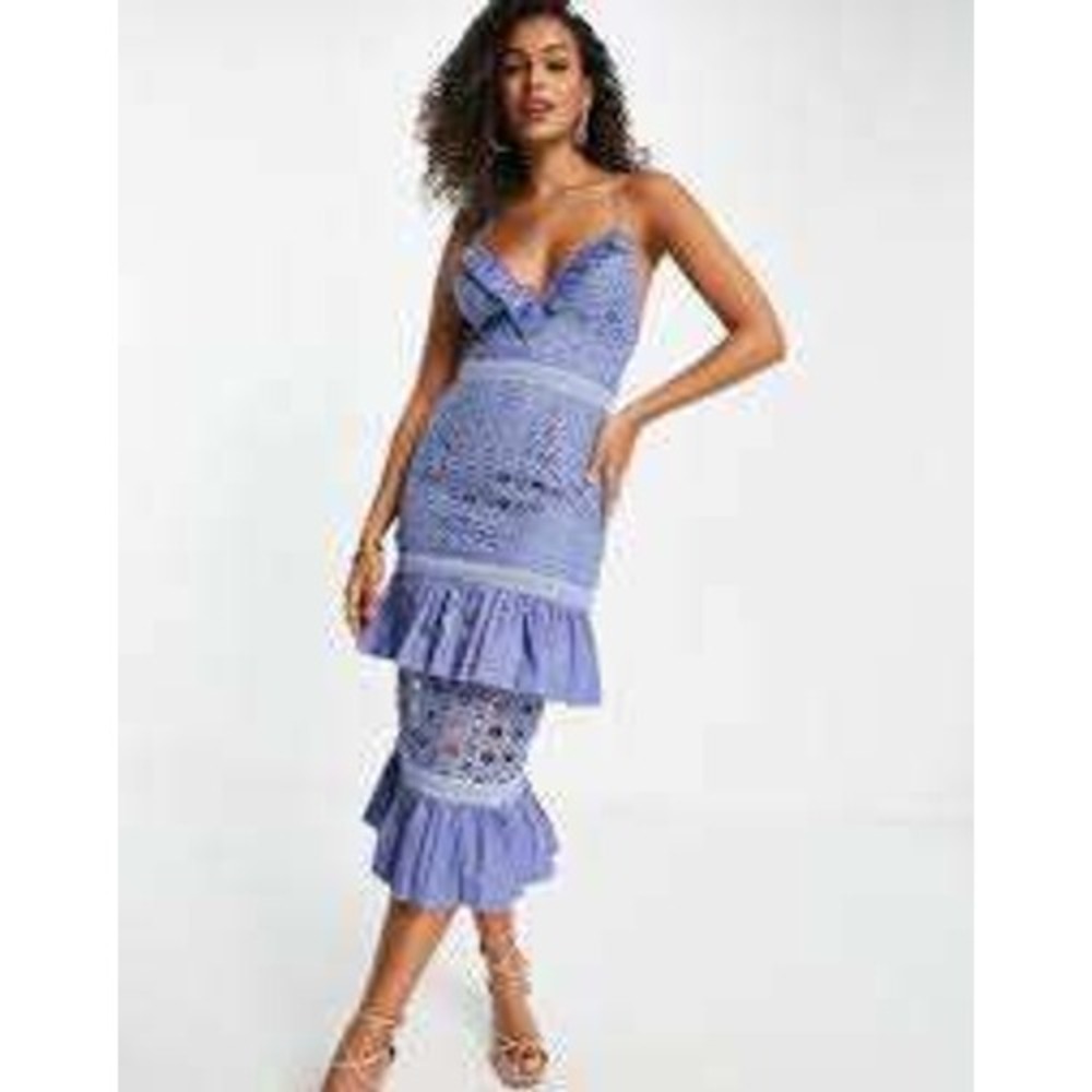 ASOS Blue Crochet Lace Mini Dress Ruffle Tiered Lace Up Open‎ Back Size 4